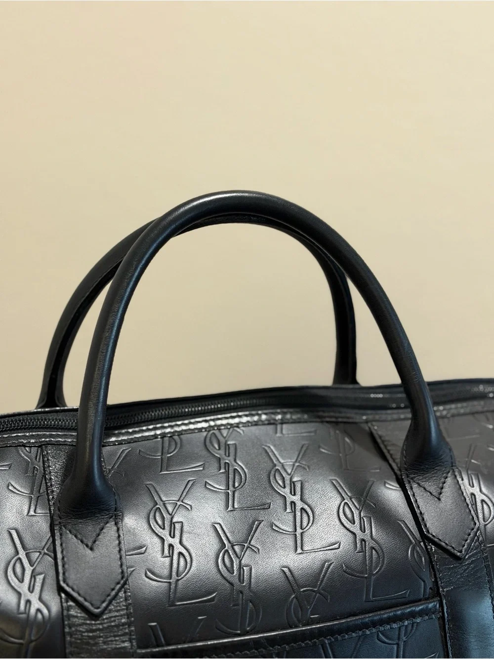Saint Laurent YSL Black Embossed Leather Duffel Bag